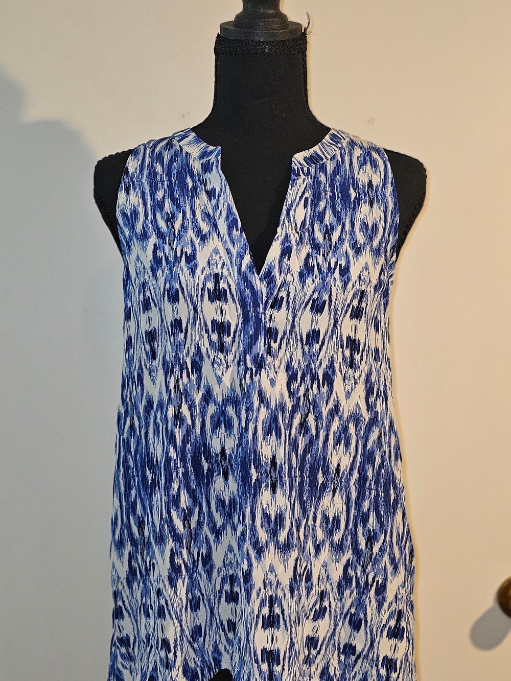 Joie Blue and White Ikat Sleeveless Split-Neck Camisole